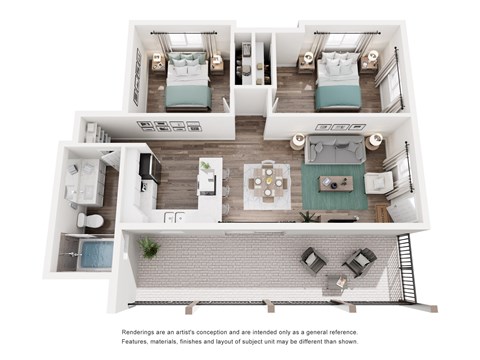 Floor plan for 2 beds, 1 bath, 862 sqft